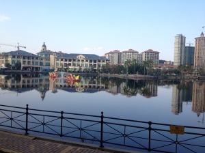 A view of the housing development around a man-made lake