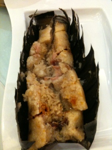 Zhongshan Specialty (芦兜棕) - Sticky Rice with Salted Egg Yolks and Pork Wrapped in lu dou Leaves